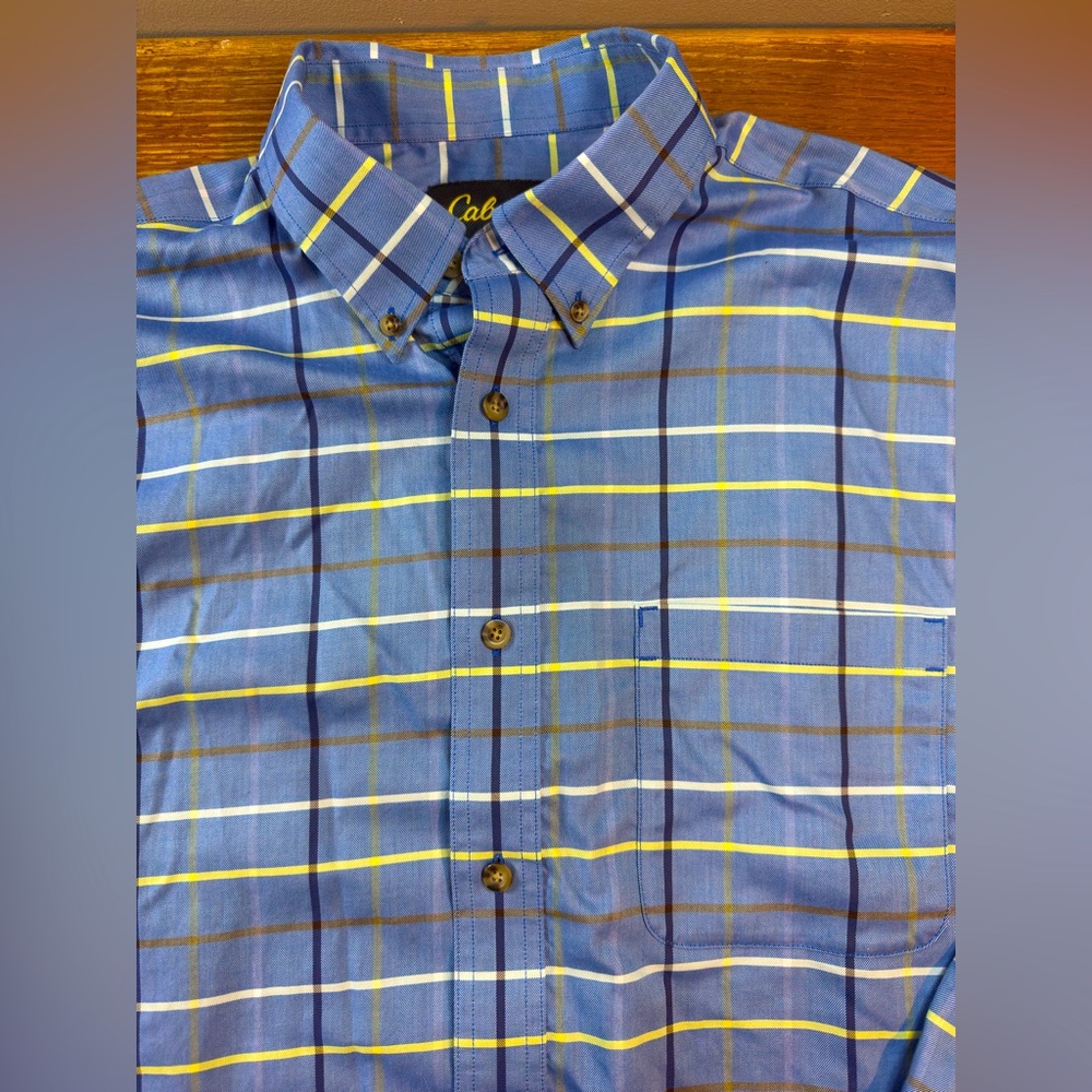 Cabella's Mens Casual Plaid Shirt XL Blue Striped Cotton Tartan Grunge Business